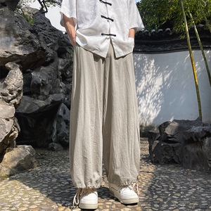 新中式风棉麻阔腿裤男夏季薄款宽松直筒休闲裤子-A1067TP38控59图片