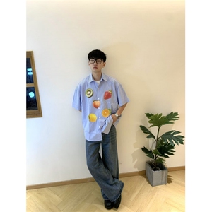 夏季新款水果印花短袖衬衫男女基础翻领外穿休闲宽松运动半袖衬衣图片
