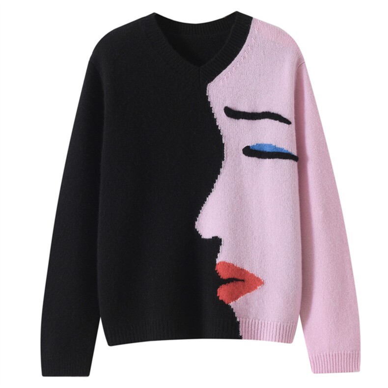 时髦设计感小众~撞色V领100纯山羊绒衫宽松女2025秋冬厚针织毛衣，女装羊绒衫，镁纯羊绒