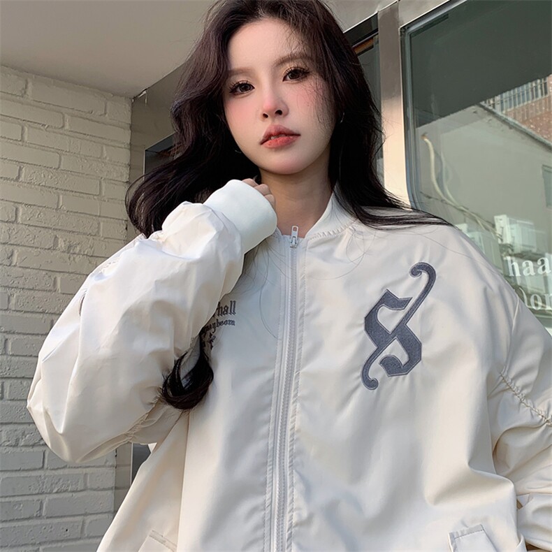 D324-P90纯色刺绣上衣棒球服宽松外套学院风拼接春季潮,女装短外套,星座911