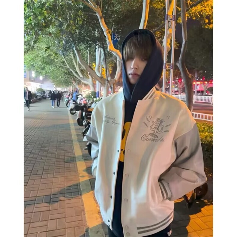 气质流行简约日系时尚原宿慵懒刺绣重磅毛呢拼皮夹克新款潮流百搭图片