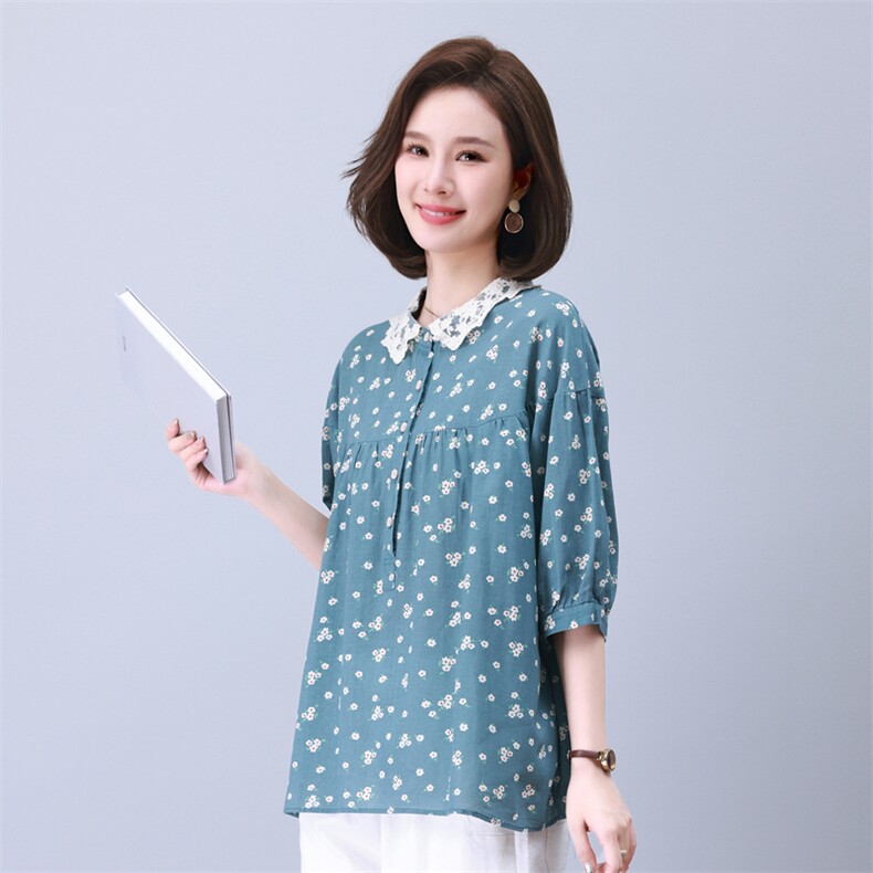 时尚宽松印花拼接上衣甜美蕾丝领口设计适合各种身材的女性穿着,女装衬衫,叶笙衣