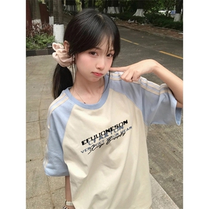 抖音得物品质二开240克宽松纯棉美式潮牌插肩三杠织带短袖T恤图片