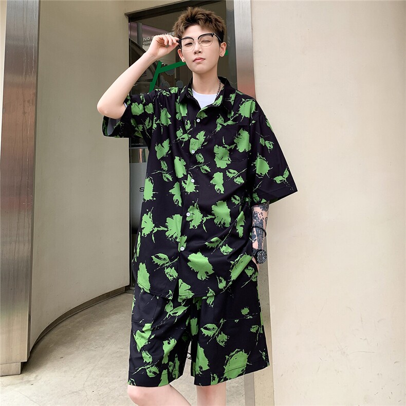 2025夏碎花印花冰丝凉感短袖衬衫薄套装TZ5633/特P45黑色6,男装休闲套装,电商A094
