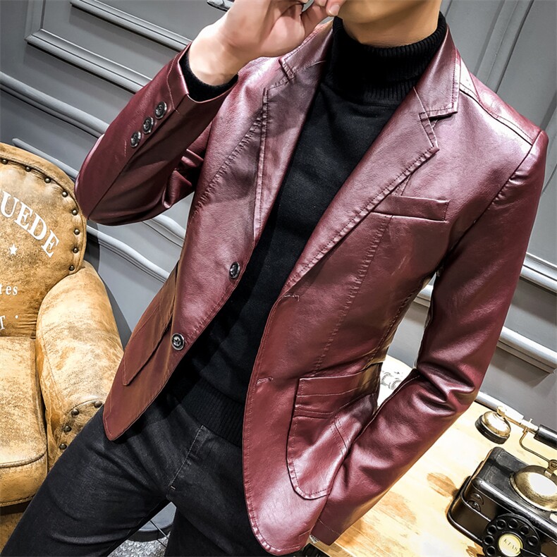 X812-P95青年男士休闲时尚皮衣韩版潮流小西装pu皮西服男修身外套,男装皮衣,电商D310（原电商305）