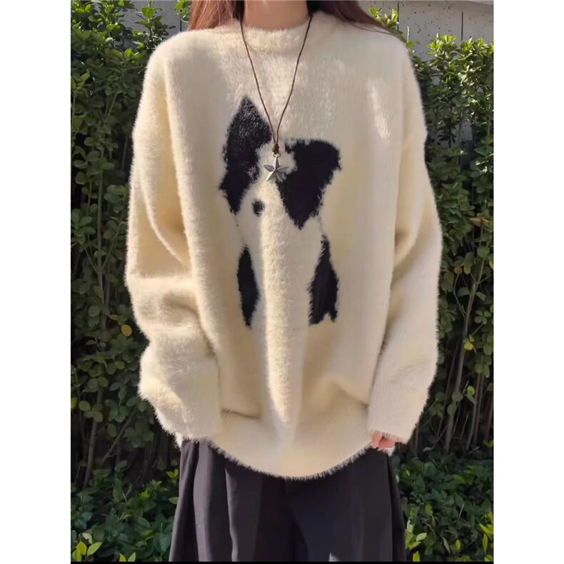 美式卡通小狗套头毛衣男女冬季马海毛圆领针织衫慵懒休闲情侣内搭，男装针织衫/毛衣，星座506A