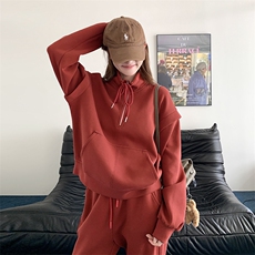韩系慵懒chic红色休闲运动套装女2025春秋新款卫衣阔腿长裤两件套，女装套装/套裙，2C317A