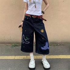 美式刺绣小鸟七分牛仔裤女夏季新款宽松阔腿百搭牛仔短裤，男装牛仔裤，星座506A