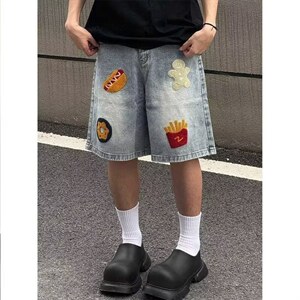 美式汉堡薯条五分裤牛仔裤男女2026春季新款高腰宽松阔腿短裤图片