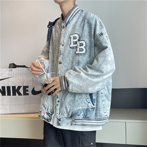 美式复古牛仔外套男秋季潮牌刺绣印花宽松潮流高街棒球服教练夹克图片