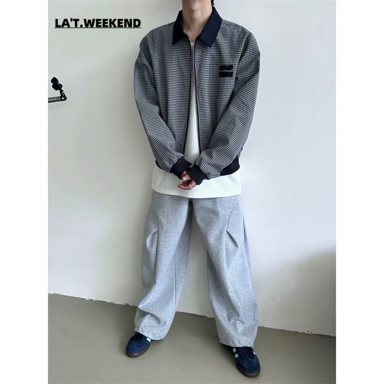 美式黑白千鸟格纹短外套男秋季新款上衣运动休闲夹克潮翻领格子,男装夹克,星座506A