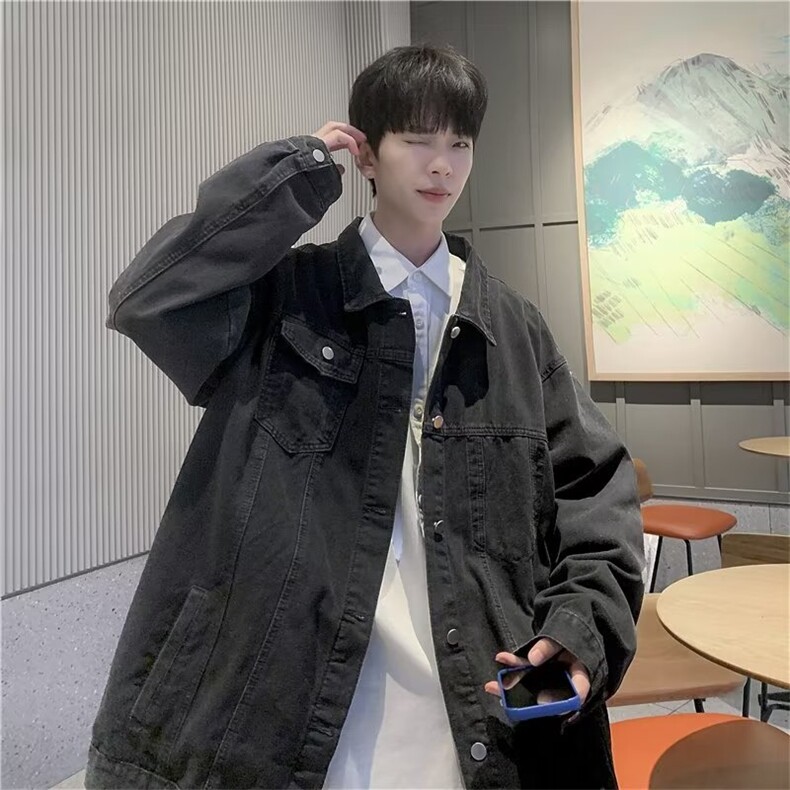新款牛仔外套男秋冬潮牌夹克宽松复古港风上衣情侣1008-WJ266-p65,男装夹克,星座1008