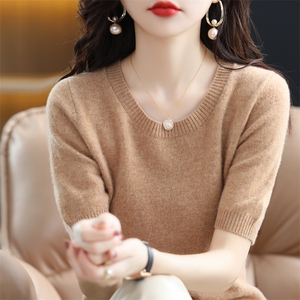 春夏圆领短袖女羊毛衫宽松短款打底衫半袖针织衫薄款中袖羊绒毛衣图片