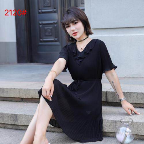 木耳边领系腰显瘦连衣裙图片