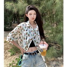 EQ412卡通印花夏季衬衫男女情侣装短袖衬衣沙滩旅游度假，男装衬衫，电商C306-1