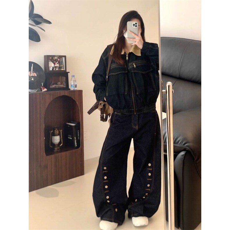 酷拽少女美式复古蓝色牛仔裤设计多排扣弯刀阔腿裤潮牌垂感拖地裤,男装牛仔裤,星座506A