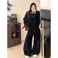 酷拽少女美式复古蓝色牛仔裤设计多排扣弯刀阔腿裤潮牌垂感拖地裤，男装牛仔裤，星座506A