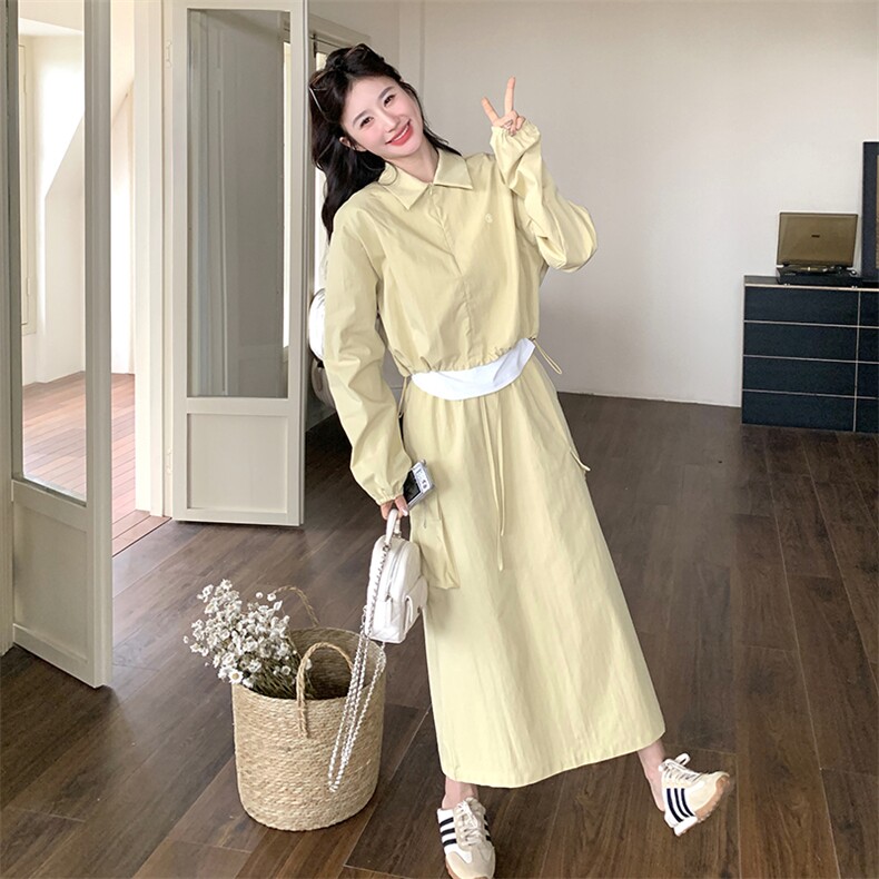 浅黄色减龄休闲卫衣套装女2025春秋季新款韩系慵懒风半身裙两件套,女装套装/套裙,2C201