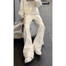 口袋美式复古白色弯刀牛仔裤男女生春秋高街设计感宽松垂感阔腿裤，男装牛仔裤，星座302B