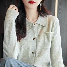 女士点子纱翻领羊毛开衫羊毛保暖舒适，女装羊毛衫，昭美羊绒