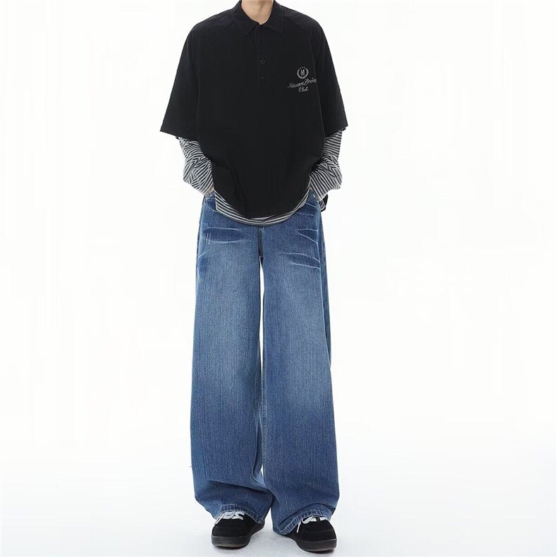 水洗设计感弯刀复古蓝直筒牛仔裤男潮牌痞帅阔腿显瘦裤L9008/P78，女装牛仔裤，星座506