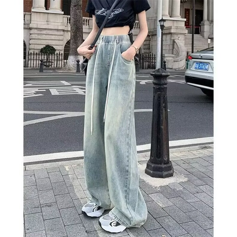 港风牛仔裤女秋抽绳设计感直筒垂感拖地长裤阔腿裤子潮RK3054-P43,男装牛仔裤,星座412-1