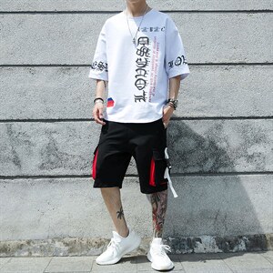 新款夏季短袖t恤男装潮流帅气宽松半袖套装青少年体恤上衣F178P70图片