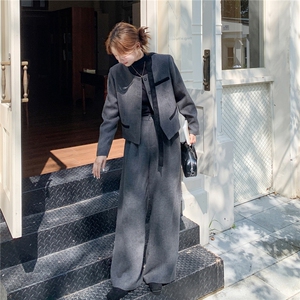 氛围感减龄毛呢外套女秋季2025新款韩版通勤风松弛感阔腿裤两件套图片