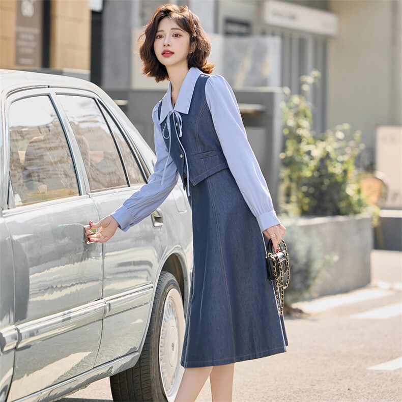 复古假两件修身长袖连衣裙2025春季新款赫本风收腰显瘦A字裙子女,女装连衣裙,铭街依杨