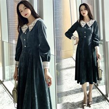 2021春季新款时尚优雅气质格纹拼接灯芯绒连衣裙，女装连衣裙，深水步