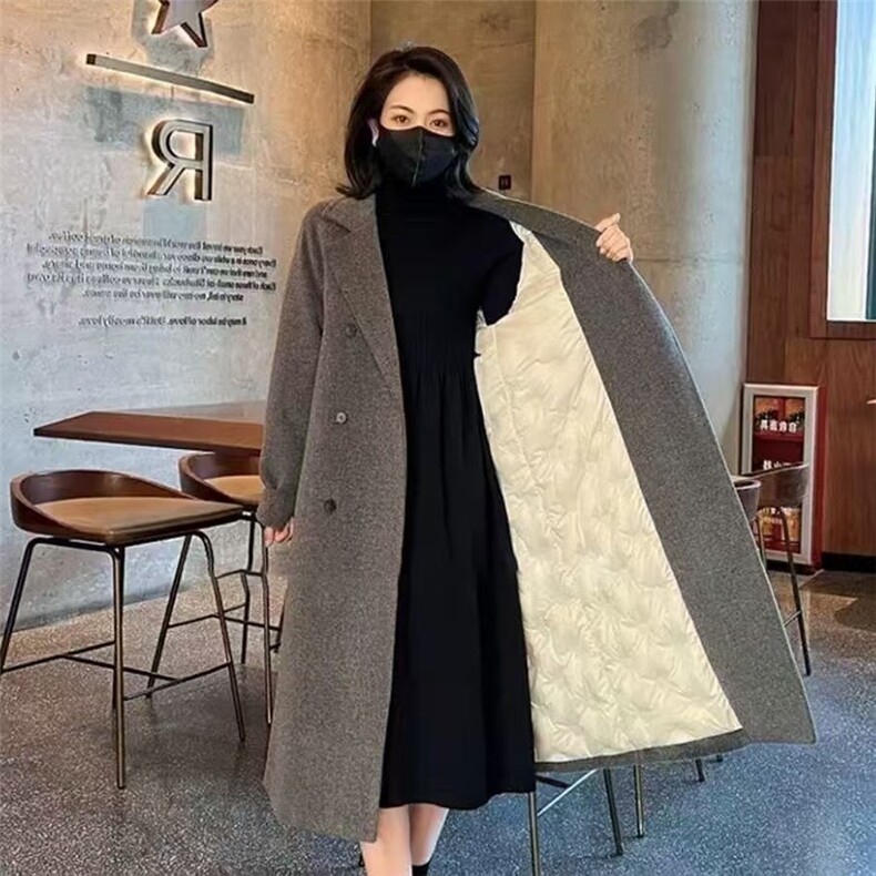 呢子外套女中长款2025秋冬新款高级感双排扣白鸭绒毛呢大衣羽绒服,女装毛呢外套,红依娜