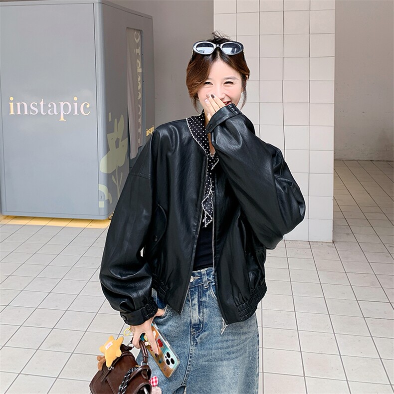 黑色韩版气质PU皮衣外套女2025春秋季新款甜酷百搭高级感夹克上衣,女装皮衣,2D075
