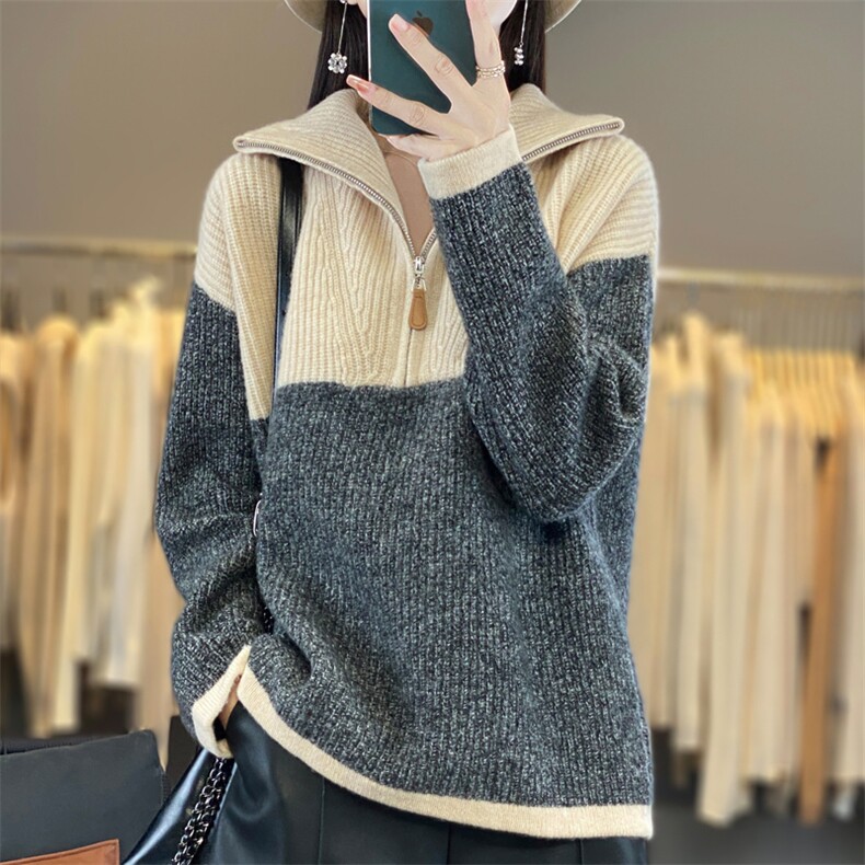 重磅花纱撞色翻领加厚羊毛衫女长袖宽松毛衣套头羊绒针织衫,女装羊毛衫,邦太羊绒