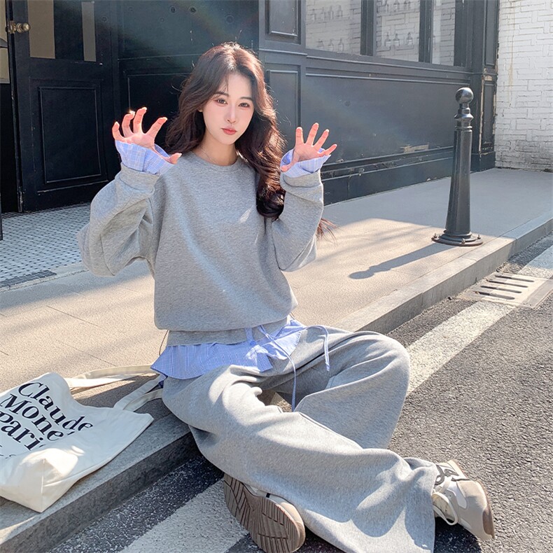 新款现货针织拼格子卫衣套装2C277-605-P185-K298,女装套装/套裙,2C277