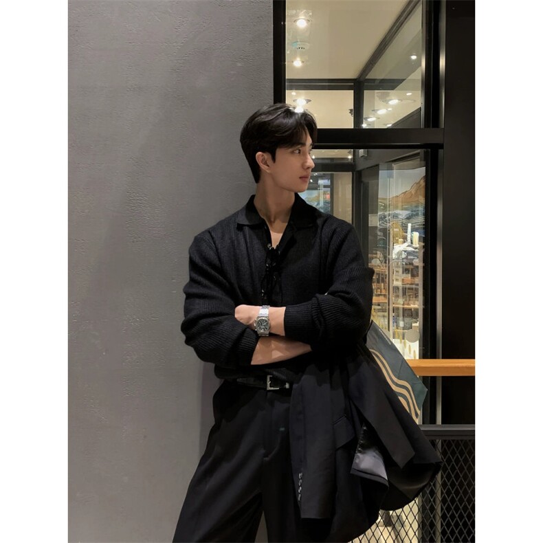 老钱风简约宽松复古翻领纯色针织毛衣外套纹理感上衣PL138/P75图片