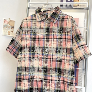 夏款男短袖衬衫扎染印花条纹格子拼接宽松五分袖衬衣CS5015 P38图片