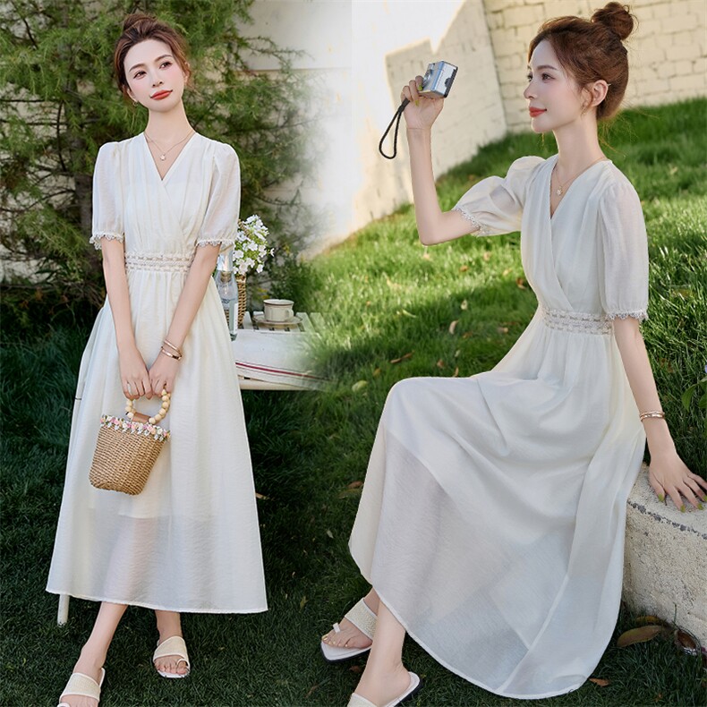 雪纺连衣裙女中长款2025夏季新款收腰显瘦百搭V领裙子，女装连衣裙，依路服饰