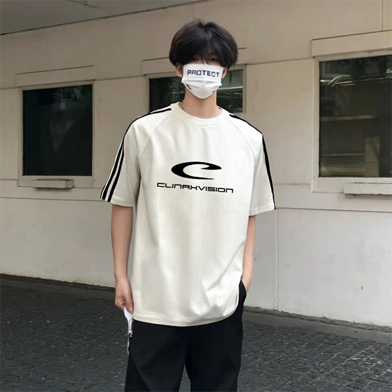 抖音得物高品质二开240克宽松纯棉美式潮牌三条杠织带短袖T恤,男装T恤,电商A486-1