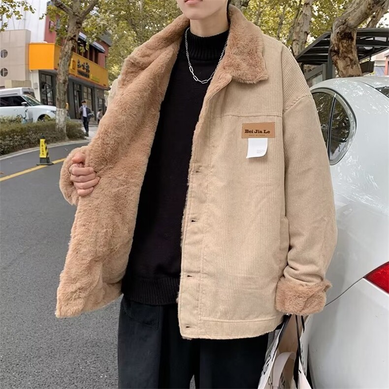 现货美式复古灯芯绒棉服男冬季加绒加厚羊羔毛棉衣外套78622-p70图片
