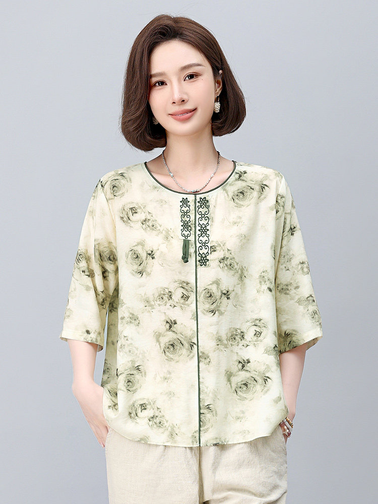 新中式国风印花女2025夏季新款妈妈宽松遮肚子减龄亚麻,女装大码女装,依恋蒂丝