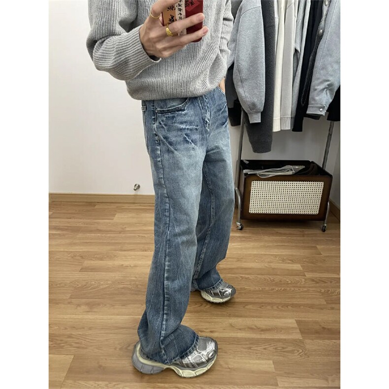 K7053EE-特P48 闪电纹微喇牛仔裤男款美式高街复古水洗直筒长裤子图片