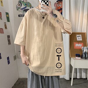 YT26114-P30亚麻短袖t恤男大码五分袖男宽松七分袖海报风,男装T恤,电商A040