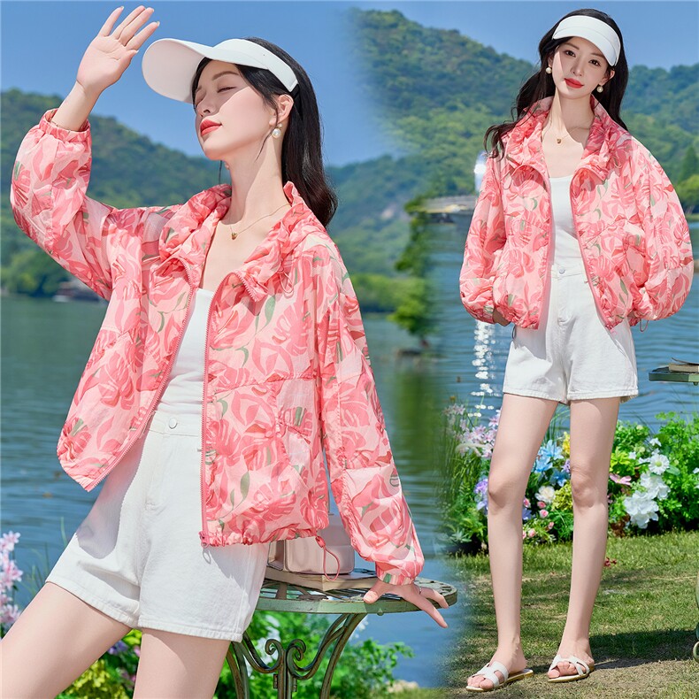 连帽防晒衣女短款2026年夏季新款冰丝薄款时尚印花透气防晒服外套,女装防晒衣,梦懿尔