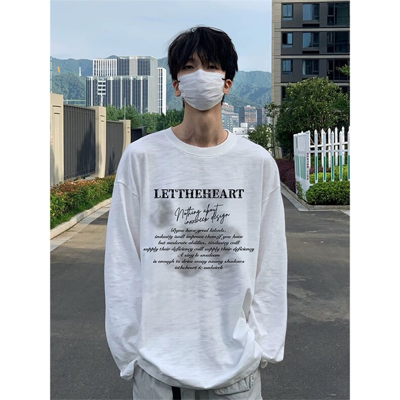 抖音得物230克重磅精梳棉宽纯松长袖印花T恤打底衫ACT5502,男装T恤,电商A443