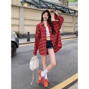 红格纹长袖衬衣女宽松外穿衬衫复古春秋百搭休闲上衣图片