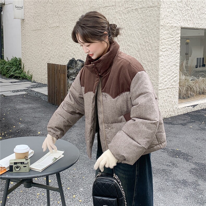 欧货高端拼接撞色羽绒服女冬季2025新款加厚保暖立领白鸭绒短外套,女装羽绒服,琦鑫阁（原依鑫阁）