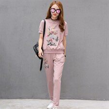 植物花卉潮流图案时尚纯色气质短袖圆领长裤套装/套裙2020年夏季，女装套装/套裙，凯瑟曼