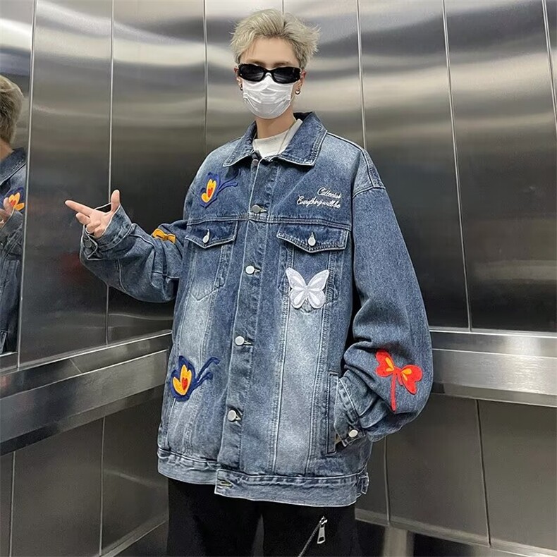 美式蝴蝶贴布水洗牛仔外套男女春秋复古宽松情侣百搭夹克JW341,男装工装外套,星座1116A-1（原606A）