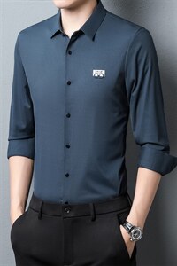 纯棉薄款长袖衬衫男2023春秋季新款商务休闲中年男士纯色衬衣图片
