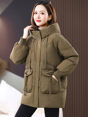 长期有货连帽羽绒服女中长款2024冬季新款宽松加厚白鸭绒外套，女装羽绒服，璐依舞